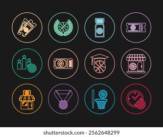 Set line Clock with basketball ball, Sports shop and, Basketball game ticket, winner podium, training and Award icon. Vector