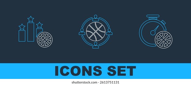 Set line Clock with basketball ball, Basketball on sport calendar and match tv icon. Vector