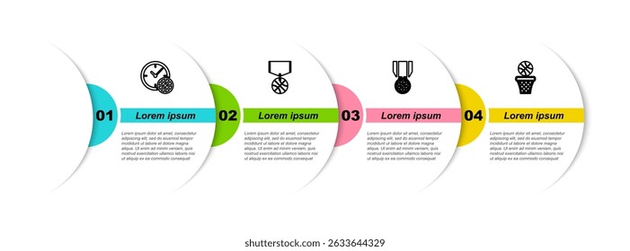 Set line Clock with basketball ball, Basketball medal,  and and. Business infographic template. Vector