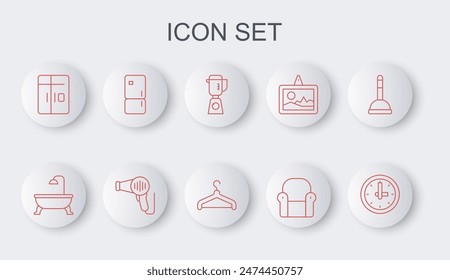 Set line Clock, Bathtub, Blender, Armchair, Refrigerator, Hair dryer and Hanger wardrobe icon. Vector