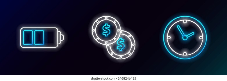 Set line Clock, Battery charge level indicator and Coin money with dollar symbol icon. Glowing neon. Vector