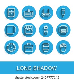 Set line Clock, Briefcase, Drawer with documents, Coffee cup to go, Full trash can, machine, Printer and Flower pot icon. Vector