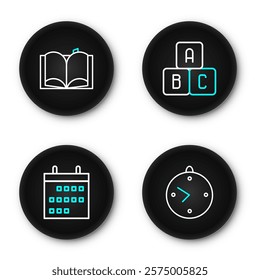 Set line Clock, Calendar, ABC blocks and Open book icon. Vector