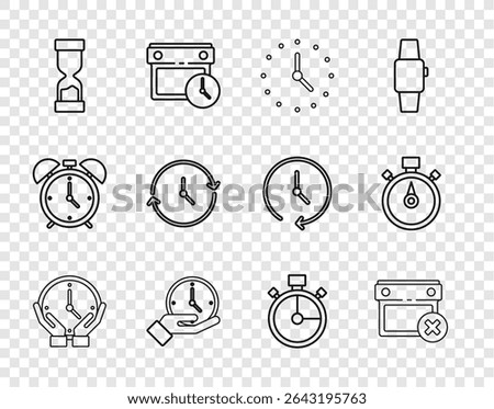 Set line Clock, Calendar date delete, Old hourglass, Stopwatch and  icon. Vector