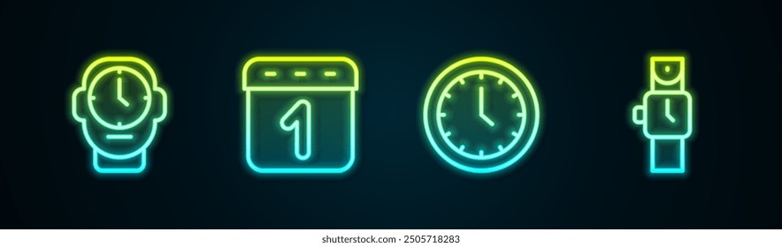 Set line Clock, Calendar,  and Wrist watch. Glowing neon icon. Vector