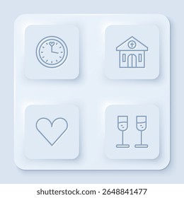Set line Clock, Church building, Heart and Glass of champagne. White square button. Vector