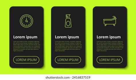 Ajuste el reloj de línea, el pulverizador de limpieza con detergente y bañera. Plantilla de infografía empresarial. Vector