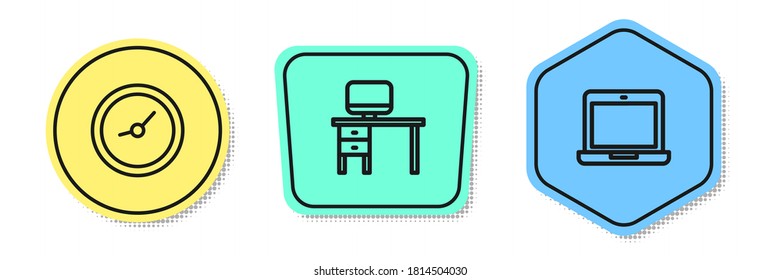 Set line Clock, Computer monitor and desk and Laptop. Colored shapes. Vector