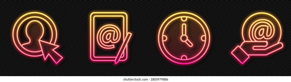 Set line Clock, Create account screen, Mail and e-mail and Mail and e-mail in hand. Glowing neon icon. Vector