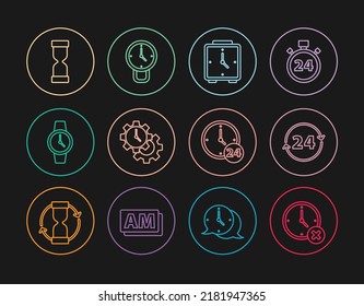 Set line Clock delete, 24 hours, Alarm clock, Time Management, Wrist watch, Old hourglass,  and  icon. Vector
