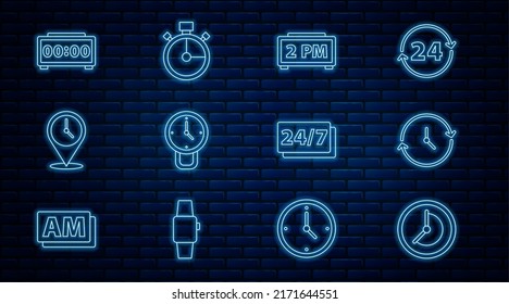 Ajuste el reloj de línea, reloj de alarma digital, posición con, 24 horas e icono de Stopwatch. Vector