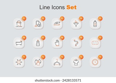 Set line Clock, Drying clothes, Hanger wardrobe, Sponge, Bacteria, Industry metallic pipe and Rubber gloves icon. Vector