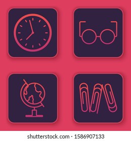 Set line Clock, Earth globe, Glasses and Paper clip. Blue square button. Vector