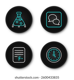 Set line Clock, Exam paper with incorrect answers, Speech bubble chat and Test tube and flask icon. Vector