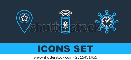 Set line Clock and gear, Location with star and Contactless payment icon. Vector