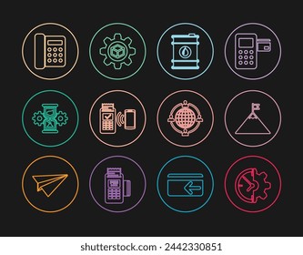 Set line Clock and gear, Mountains flag, Barrel oil, POS terminal, Hourglass, Telephone, Outsourcing concept and Product development icon. Vector