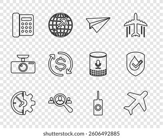 Set line Clock and gear, Plane, Paper plane, Magnifying glass for search people, Telephone, Return of investment, Remote control and Waterproof icon. Vector