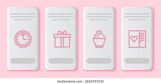 Set line Clock, Gift box, Wedding cake with heart and Postcard. White rectangle button. Vector