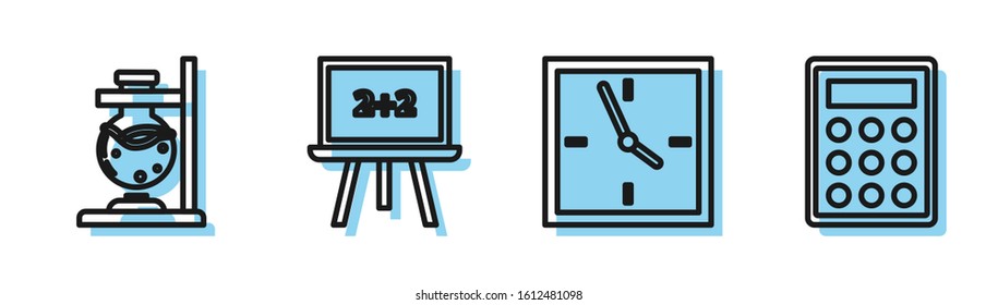 Set line Clock, Glass test tube flask on fire, Chalkboard and Calculator icon. Vector