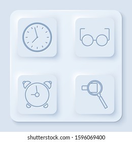 Set line Clock, Glasses, Alarm clock and Magnifying glass. White square button. Vector