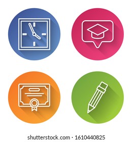 Set line Clock, Graduation cap in speech bubble, Certificate template and Pencil with eraser. Color circle button. Vector