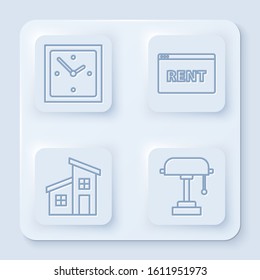 Set line Clock, Hanging sign with text Online Rent, House and Table lamp. White square button. Vector
