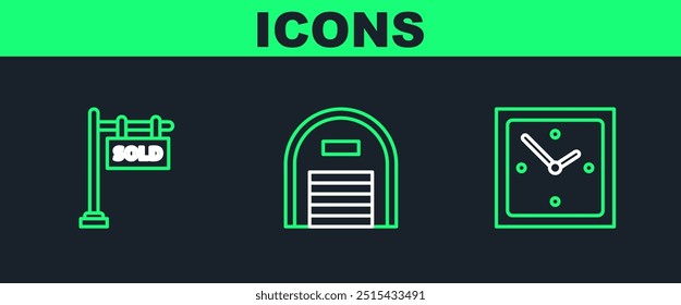Establecer línea Reloj, signo colgante con texto Vendido e icono de almacén. Vector