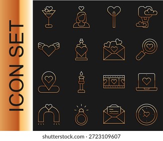 Set line Reloj con corazón, App de citas en línea, Búsqueda y amor, Lollipop, poción de botella, alas de corazón, vidrio Martini y sobre de San Valentín icono. Vector