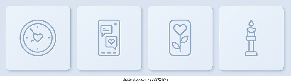 Set line Clock with heart, Flower rose, Mobile and Burning candle. White square button. Vector