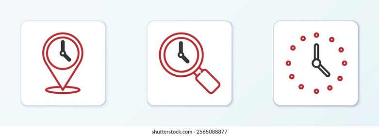 Set line Clock, Location with clock and Magnifying glass icon. Vector