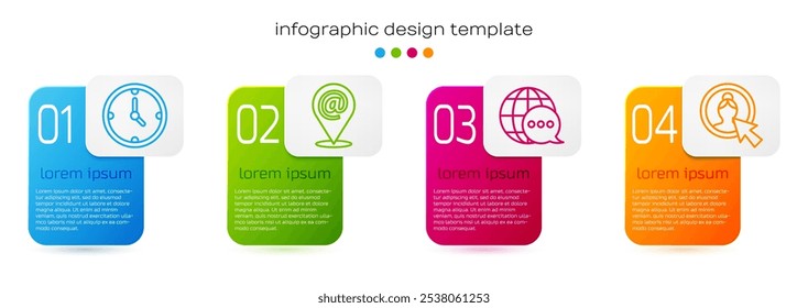 Definir linha Relógio, Localização e e-mail e e-mail, Mapa mundial feito a partir de balão de fala e tela Criar conta. Modelo de infográfico comercial. Vetor