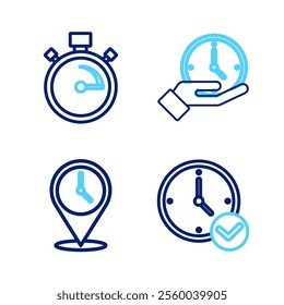 Set line Clock, Location with clock,  and Stopwatch icon. Vector