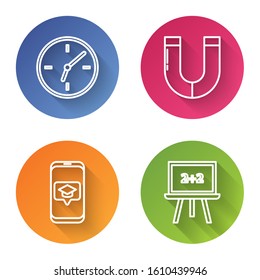 Set line Clock, Magnet, Graduation cap on screen smartphone and Chalkboard. Color circle button. Vector