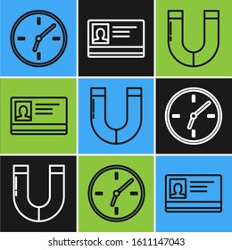 Set line Clock, Magnet and Identification badge icon. Vector