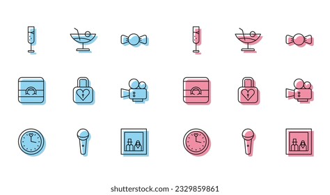 Set line Clock, Microphone, Glass of champagne, Family photo, Lock and heart, Cinema camera, Wedding rings and Cocktail icon. Vector