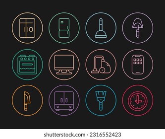 Set line Clock, Mobile Apps, Rubber plunger, Smart Tv, Oven, Refrigerator, Vacuum cleaner and  icon. Vector