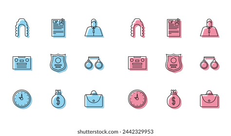 Set line Clock, Money bag, Judge wig, Briefcase, Police badge, Handcuffs, Retro audio cassette tape and Lawsuit paper icon. Vector