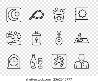 Set line Clock, Muslim man, Ramadan drum, Wine bottle with glass, Star and crescent, Kareem lantern, Speaker mute and prays icon. Vector