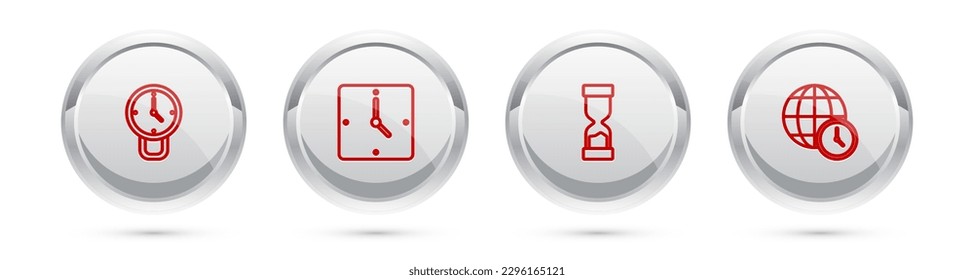 Set line Clock, , Old hourglass and World time. Silver circle button. Vector