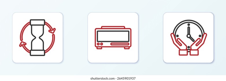Set line Clock, Old hourglass and Digital alarm clock icon. Vector