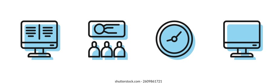 Set line Clock, Online book on monitor, Training, presentation and Computer screen icon. Vector