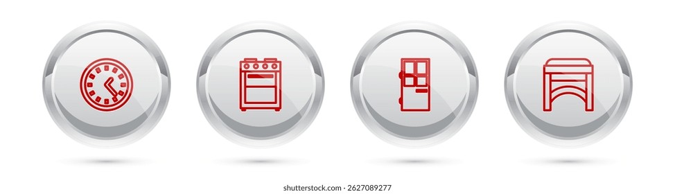 Set line Clock, Oven, Closed door and Chair. Silver circle button. Vector