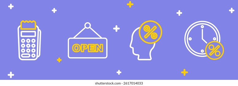 Set line Clock and percent discount, Discount tag, Hanging sign with text Open and POS terminal icon. Vector