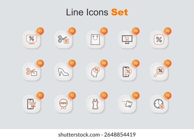 Set line Clock and percent discount, Location with cardboard box, Woman dress, Price tag New, Mobile shopping cart, Magnifying glass, Percent phone and Discount icon. Vector