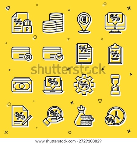 Set line Clock and percent, Old hourglass, Finance document, Cash location, Credit card, remove,  and  icon. Vector