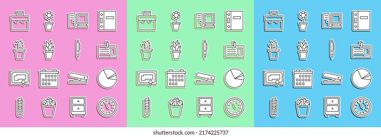 Set line Clock, Pie chart infographic, Identification badge, Computer monitor, Plant pot, Cactus and succulent, Briefcase and Pen icon. Vector
