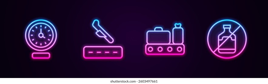 Set line Clock, Plane landing, Conveyor belt with suitcase and No alcohol. Glowing neon icon. Vector