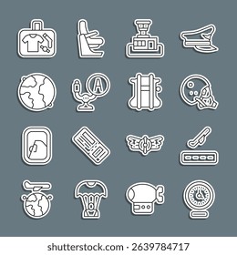 Set line Clock, Plane takeoff, Modern pilot helmet, Airport control tower, Aircraft steering, Worldwide, Suitcase and Parachute icon. Vector