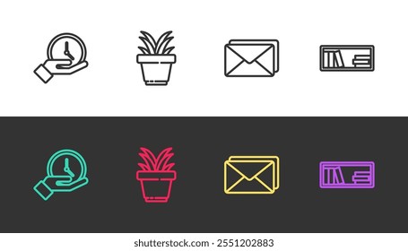 Set line Clock, Plant in pot, Envelope and Shelf with books on black and white. Vector