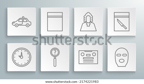 Set line Clock,\
Plastic bag with ziplock, Magnifying glass search, Retro audio\
cassette tape, Thief mask, Judge, Evidence and knife and Police car\
flasher icon. Vector